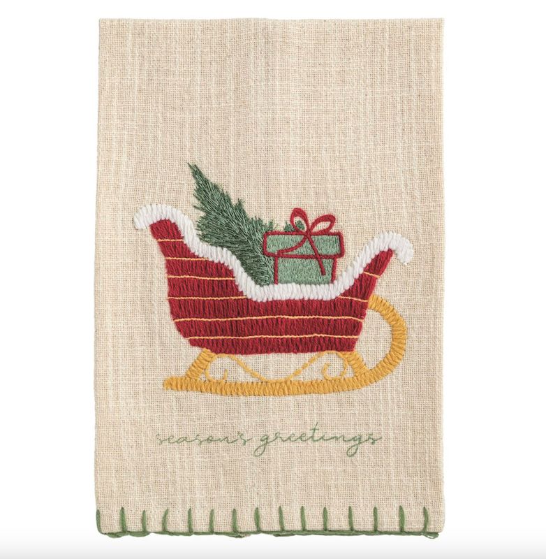 Sled Embroidered Tea Towel