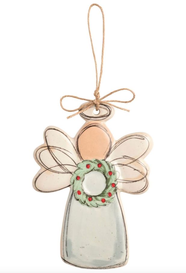 Hand-Painted Stoneware Wreath Angel Ornament