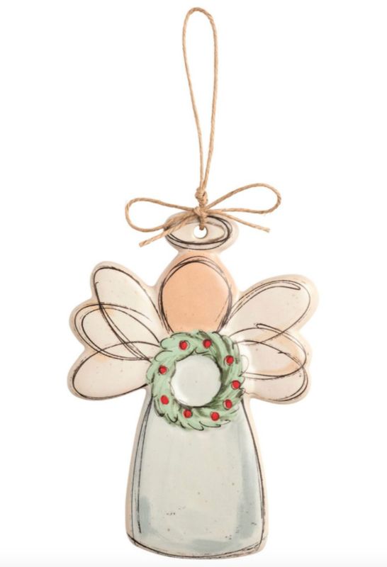 Hand-Painted Stoneware Wreath Angel Ornament