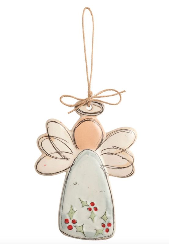 Hand-Painted Stoneware Holly Angel Ornament