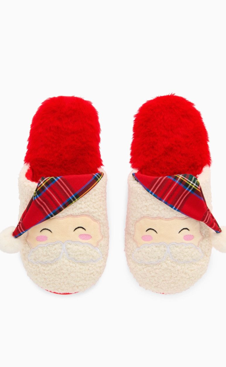 Red Santa Slippers with Tartan Hat, Size: 7/8