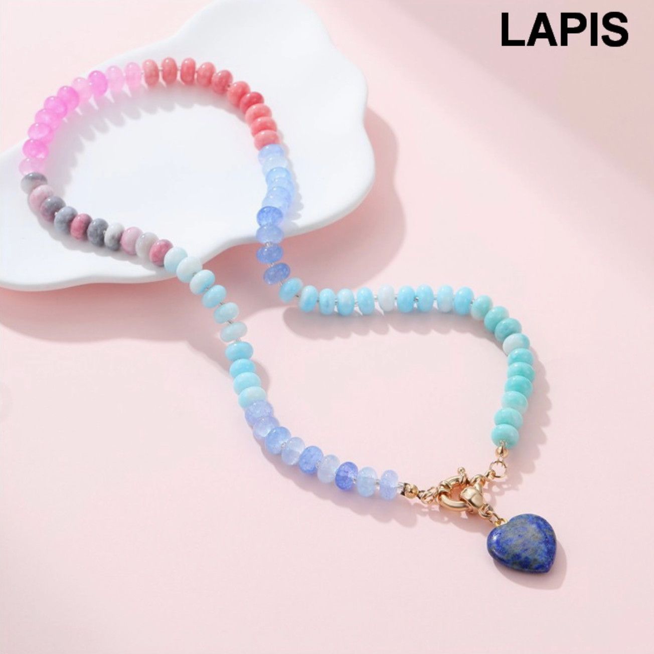 Natural Stone Mixed Necklace with Lapis Heart