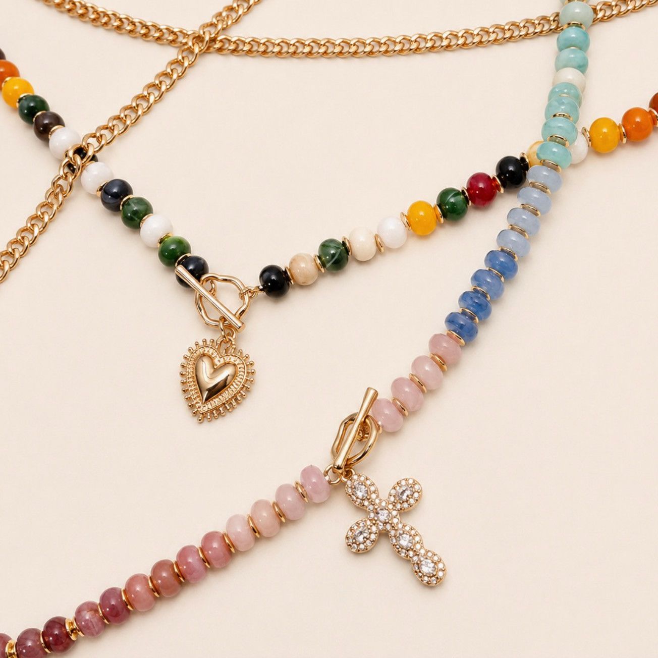 Multi Layer Pendant Beaded Necklace with Gold Heart
