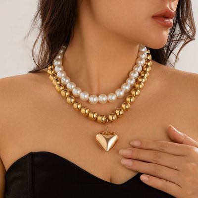 Pearl Beaded Layered Heart Necklace