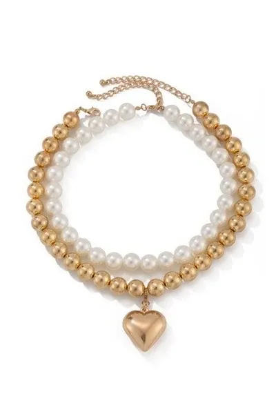 Pearl Beaded Layered Heart Necklace