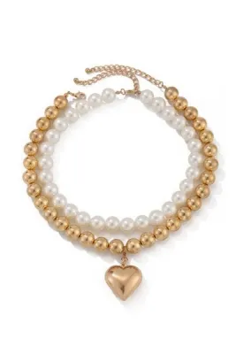 Pearl Beaded Layered Heart Necklace