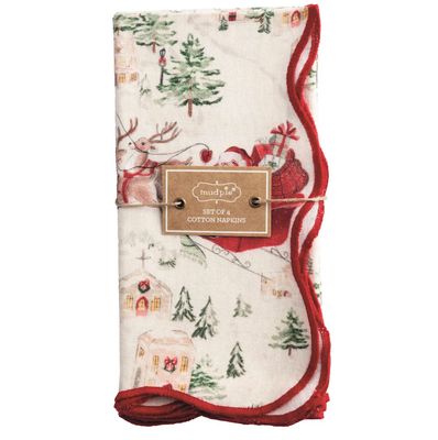 Santa Scene Scalloped Napkin Set of 4