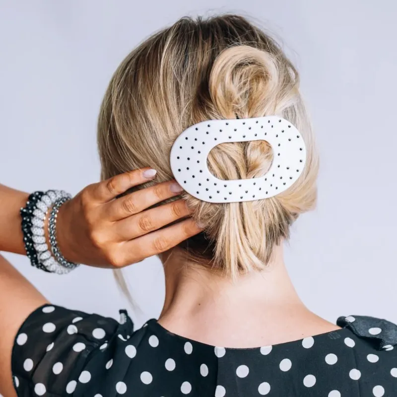 Teleties™ Flat Round Hair Clip | White Polka Dot Party