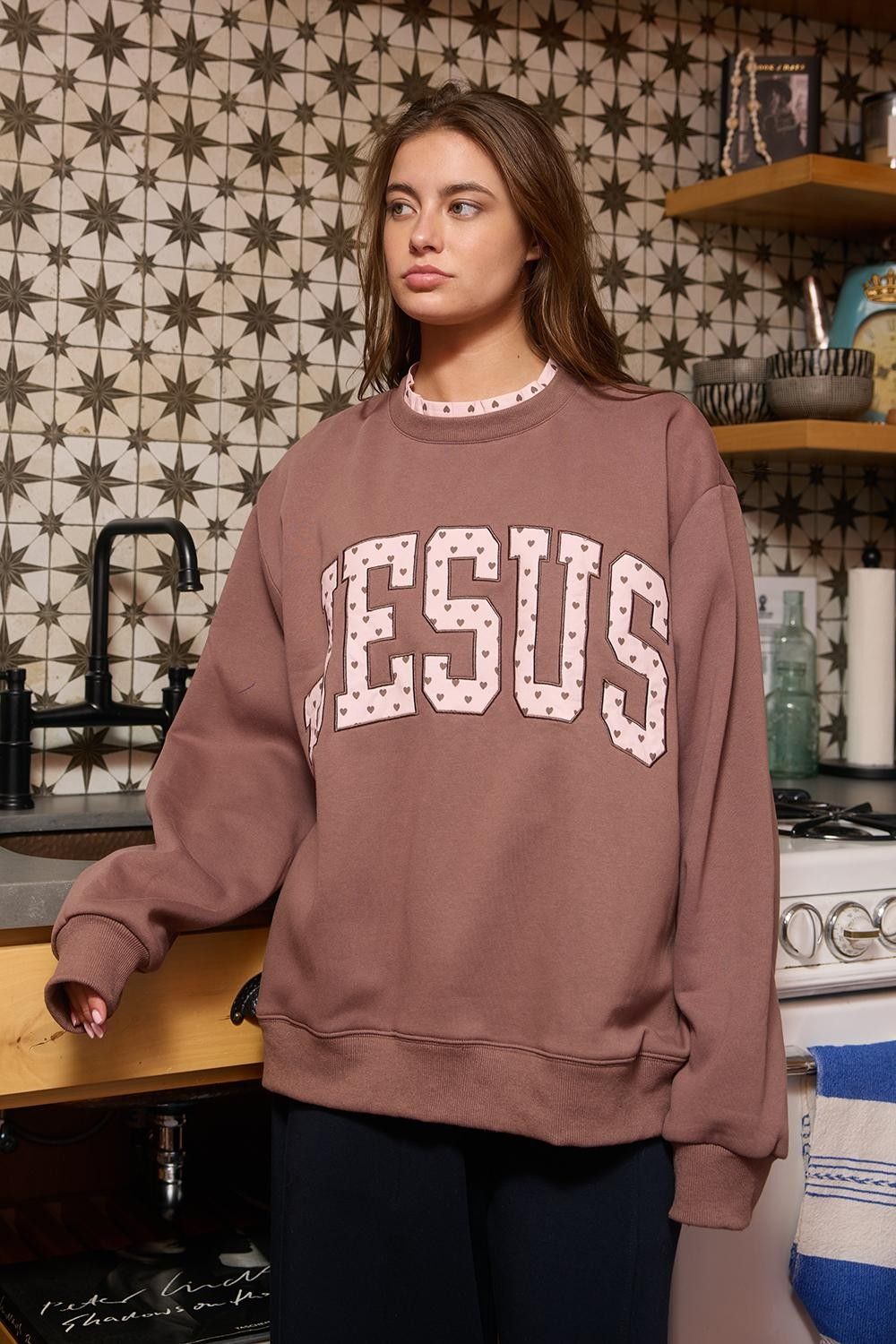 The Jesus Heart Applique Crew Neck Sweatshirt, Size: S/M