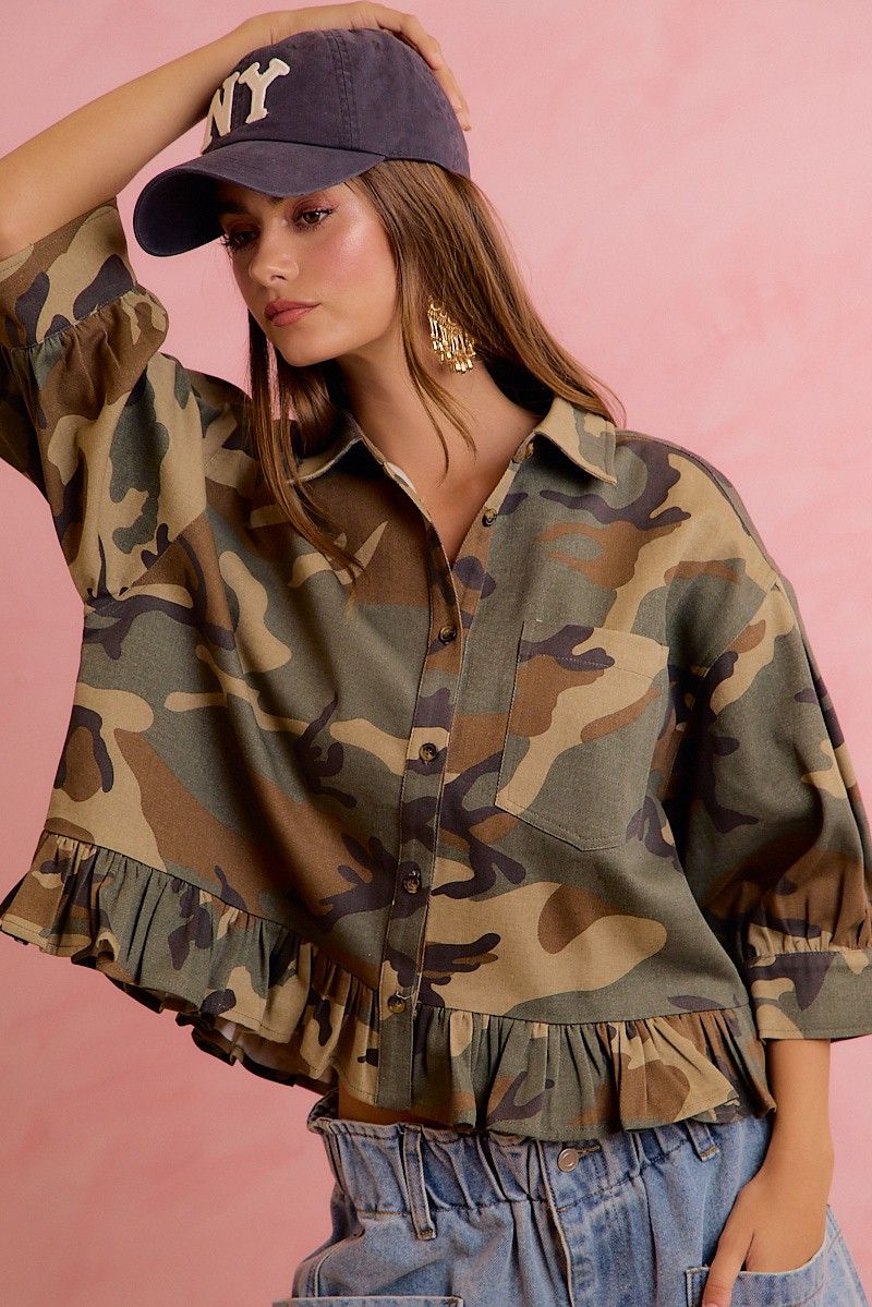 The Cami Camo Ruffled Top, Size: S