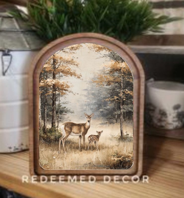 Arch Top Framed Art | Doe and Fawn