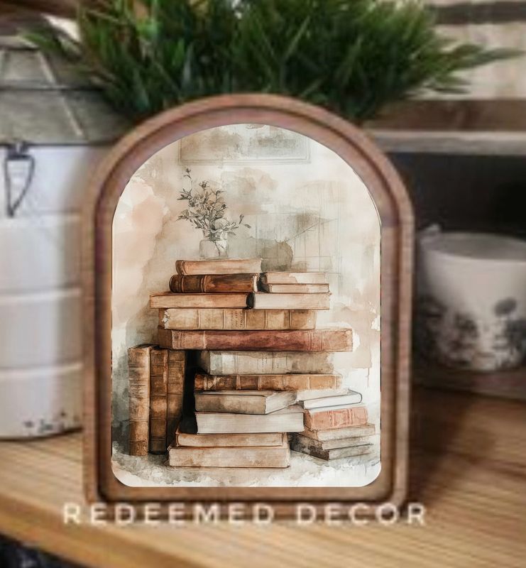 Arch Top Framed Art | Stacked Books