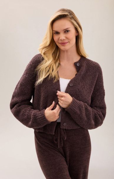 Barefoot Dreams CozyChic® Pointelle Cropped Cardigan, Color: Umber, Size: S