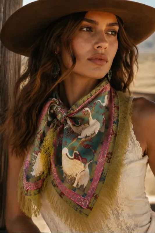 Crane Print Fringe Scarf