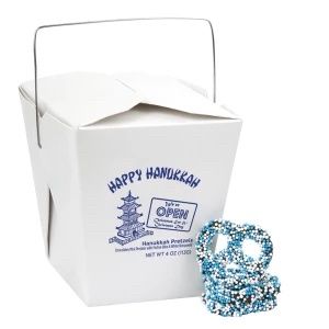 CLEVER CANDY HAPPY HANUKKAH MINI NONPAREIL PRETZELS 4 OZ CHINESE TAKE OUT CONTAINER