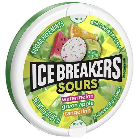 Ice Breakers Sours Assorted Fruit Sugar Free Mints Puck Watermelon, Green Apple, Tangerine (Packaging May Vary), 1.5 oz