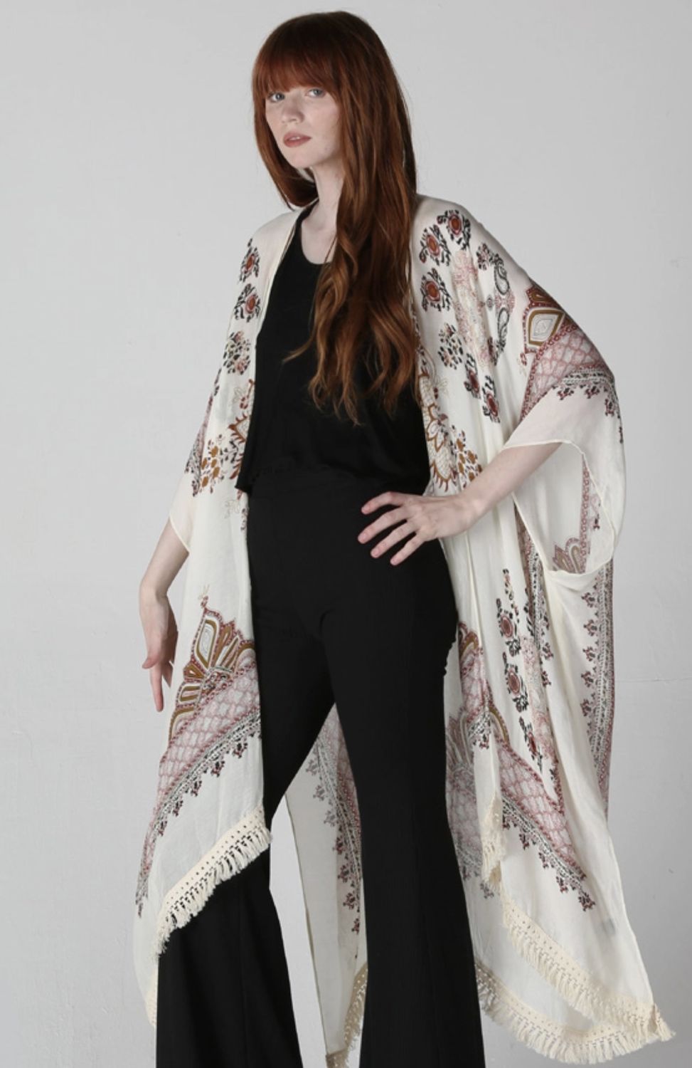 Vintage Floral Print Tassel Kimono