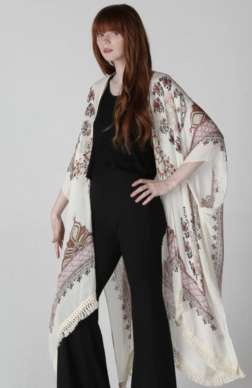 Vintage Floral Print Tassel Kimono