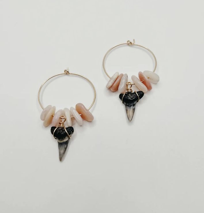 Dainty Shark Tooth Hoop Earrings with Gemstone Chips