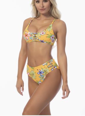 Yellow Floral Bralette High Waist Bikini Top