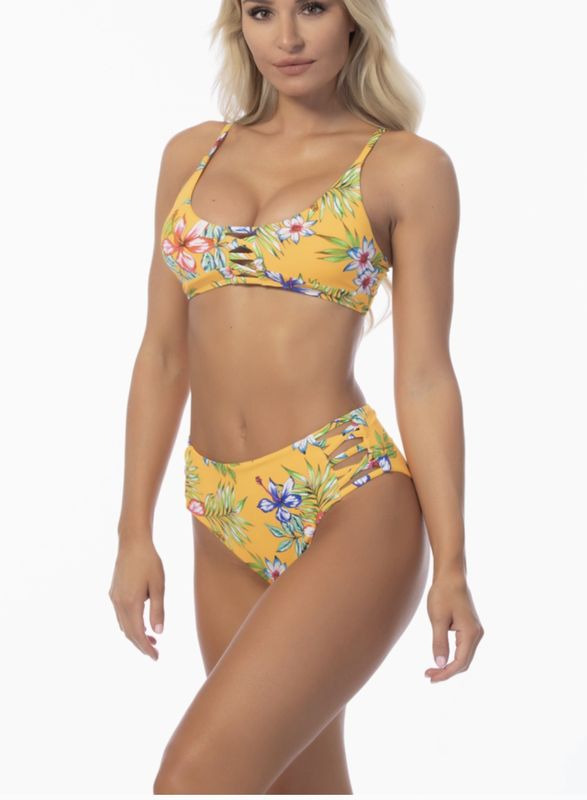 Yellow Floral High Waist Bikini Bottom