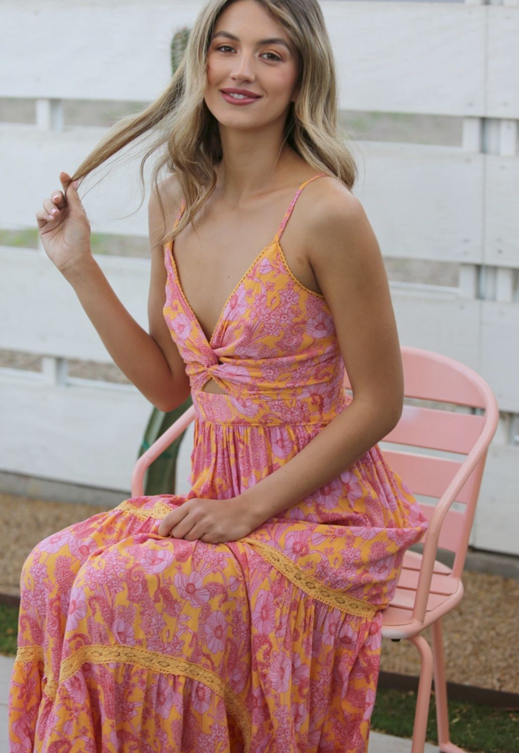 Twist Front Cut Out Detail Pink Maxi