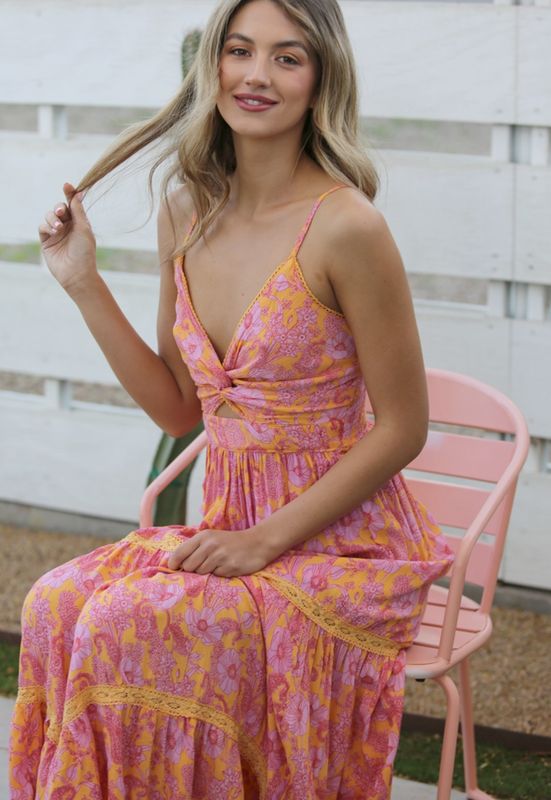 Twist Front Cut Out Detail Pink Maxi