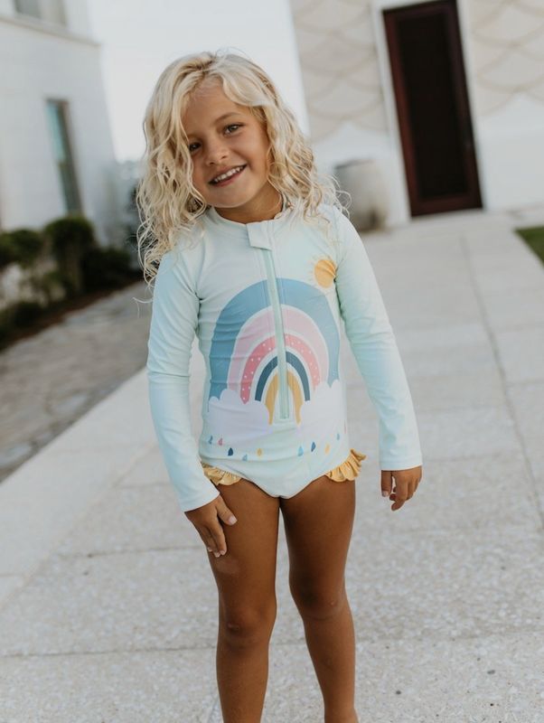 Kids Mint Rainbow Zip Rash Guard One Piece Swimsuit