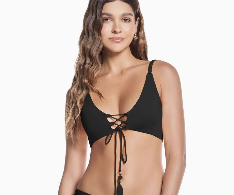 Black Tie Front Scoop Bikini Top