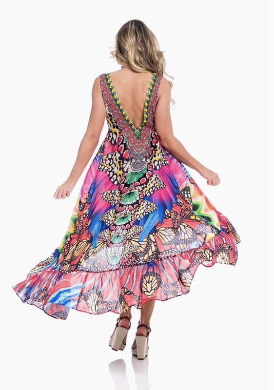 High-Low Handbeaded Tropical Dress