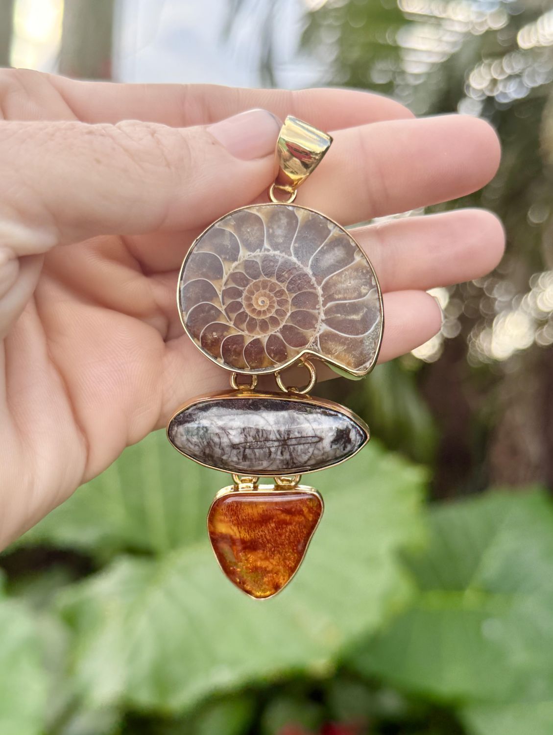 Ammonite, Orthoceras &amp; Amber Fossil Pendant | One of a Kind