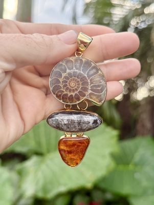 Ammonite, Orthoceras &amp; Amber Fossil Pendant | One of a Kind