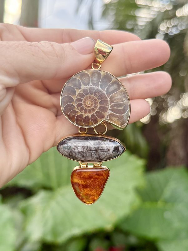 Ammonite, Orthoceras &amp; Amber Fossil Pendant | One of a Kind