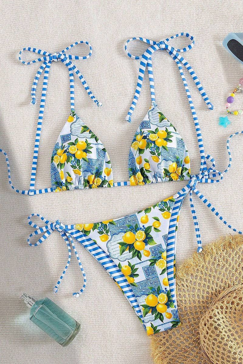 Lemon Print Tie Bikini Top, Color: SKY BLUE, Size: S