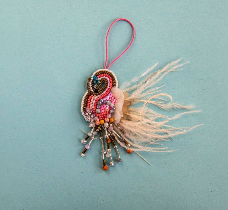 Fancy Flamingo / beaded ornament