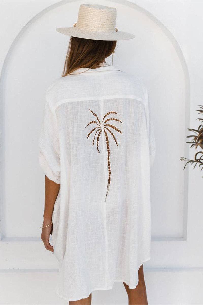 Relaxed Button-Up Casual Cover-Up, Color: WHITE, Size: L