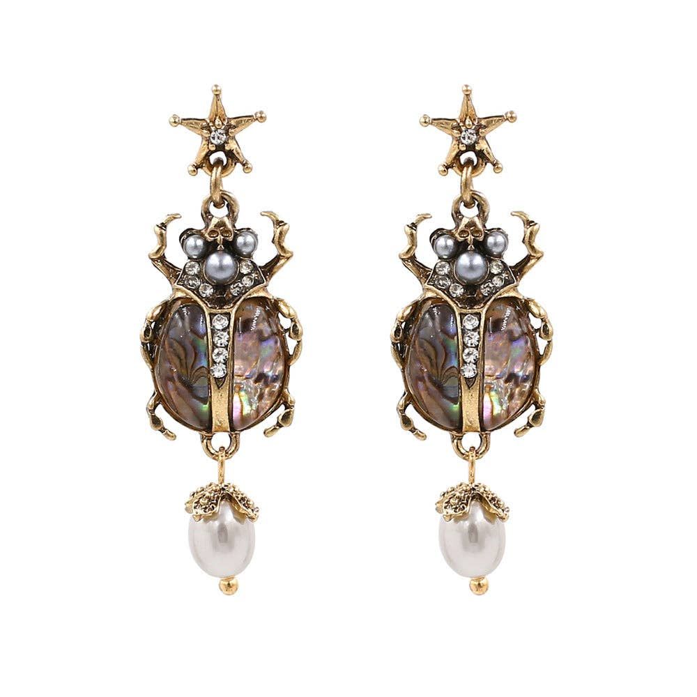 Vintage Insect Pearl Pendant Earrings, Color: insect