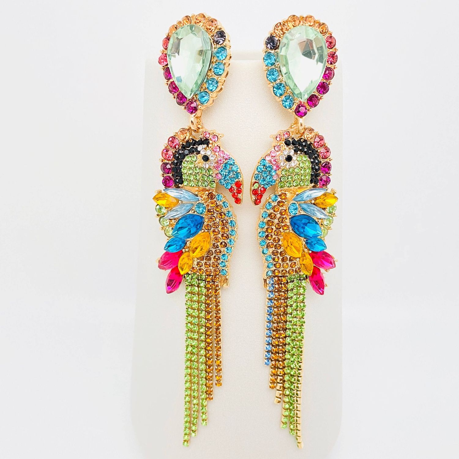 Parrot Rhinestone Tassel Earrings, Color: Colourful