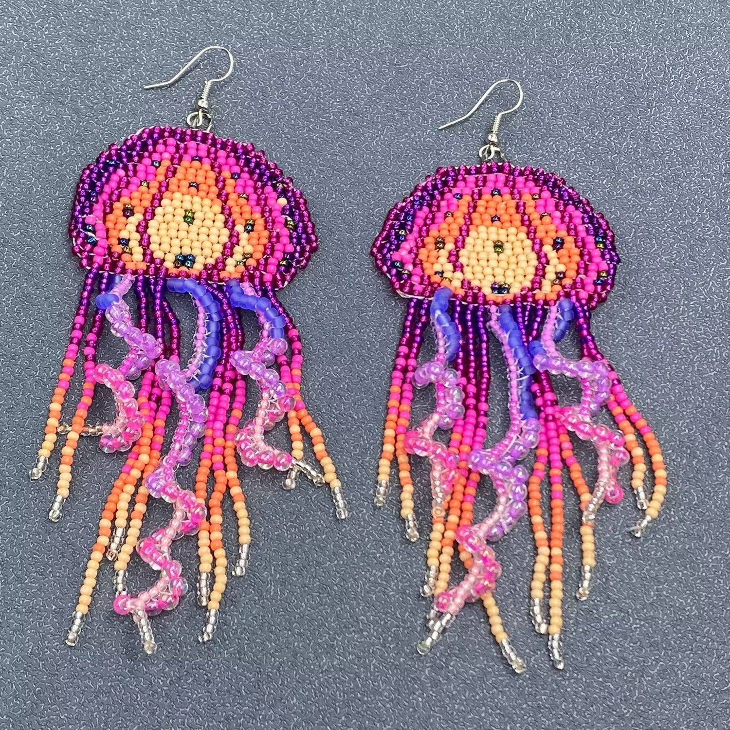 Colorful Jellyfish Seed Beads Fringe Dangle Earrings, Color: A