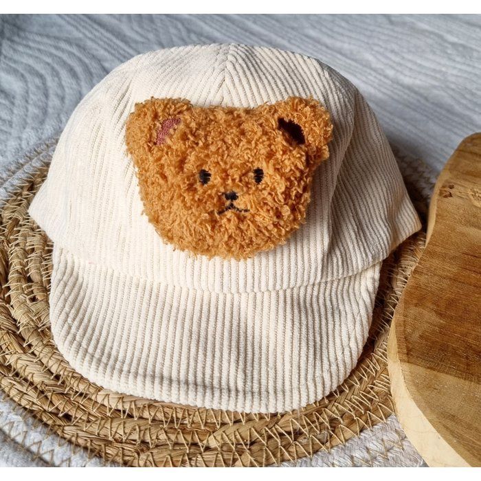 Kinder petje met beertje - corduroy beige