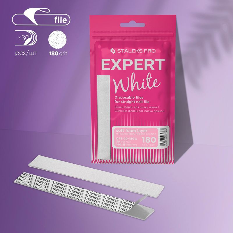 Weiße Einwegfeilen für gerade Nagelfeile (weiche Basis) DFE-20-180W Körnung STALEKS EXPERT
DFE-20-180w