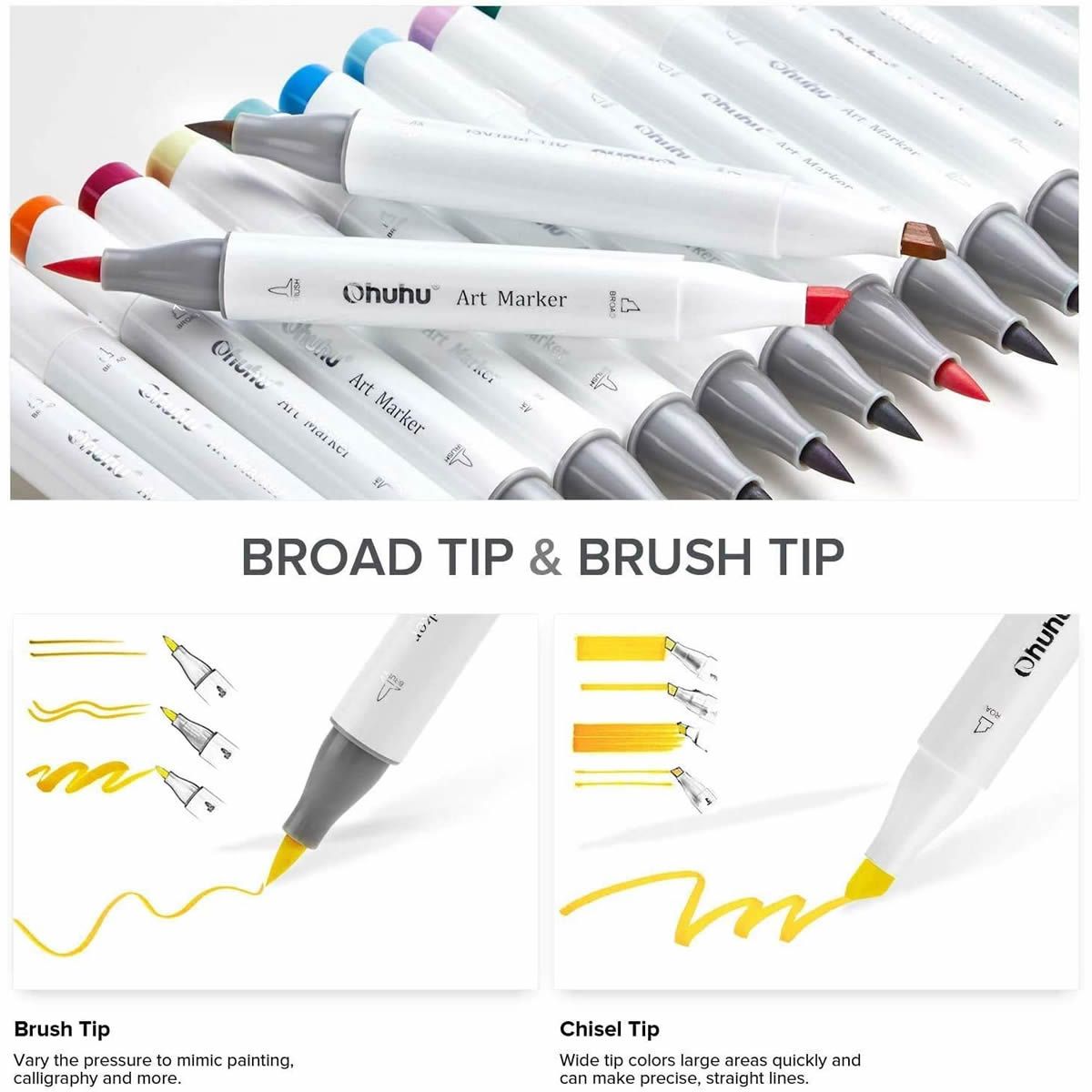 OHUHU Honolulu Alcohol Art Markers Σετ Μαρκαδόρων 24 Βασικών Χρωμάτων Brush &amp; Chisel