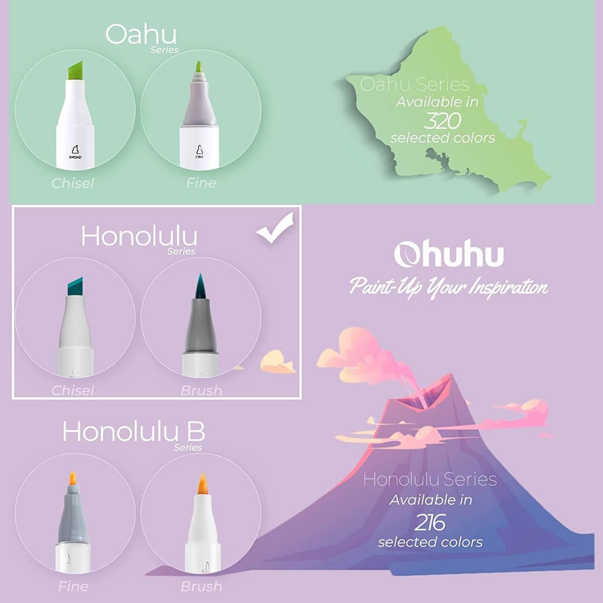 OHUHU Honolulu Alcohol Art Markers Σετ Μαρκαδόρων 24 Βασικών Χρωμάτων Brush &amp; Chisel