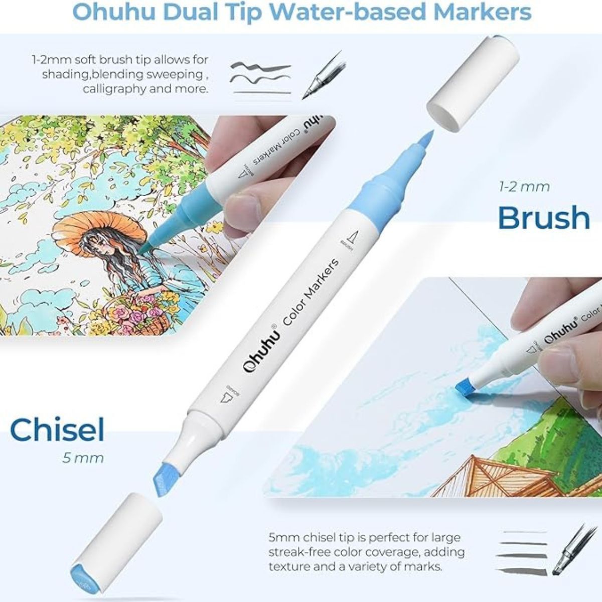 Ohuhu Water-based Coloring Markers Dual Σετ 64 Χρώματα Brush &amp; Chisel