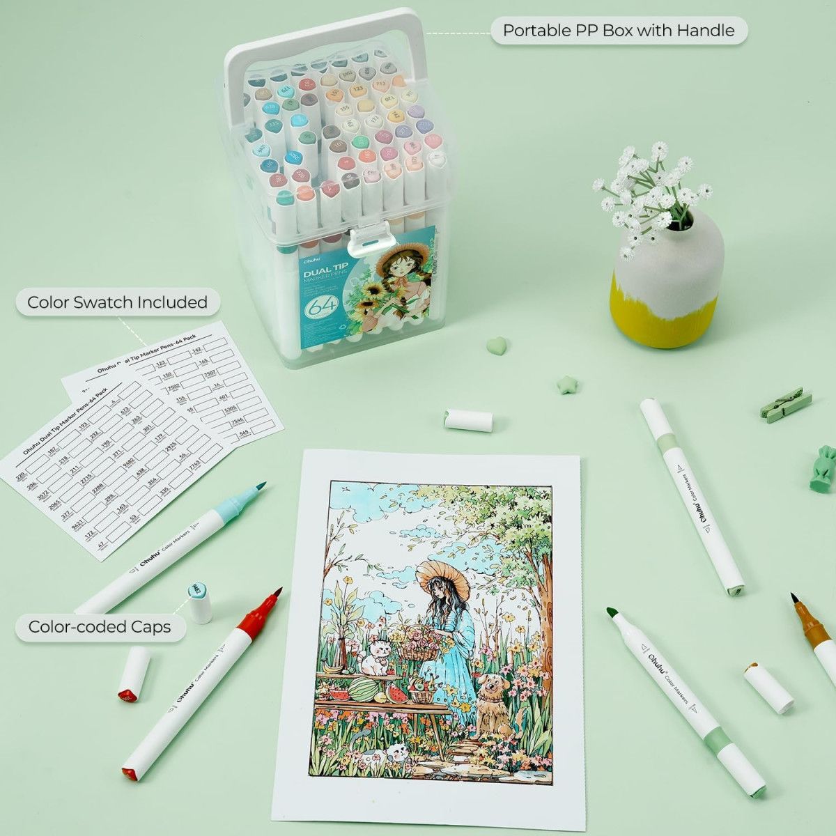 Ohuhu Water-based Coloring Markers Dual Σετ 64 Χρώματα Brush &amp; Chisel