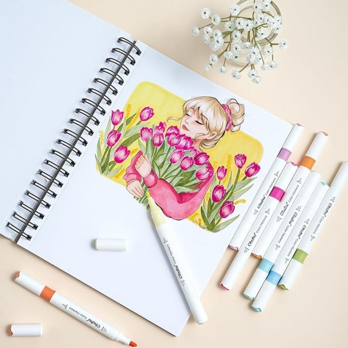 Ohuhu Water-based Coloring Markers Dual Σετ 64 Χρώματα Brush &amp; Chisel