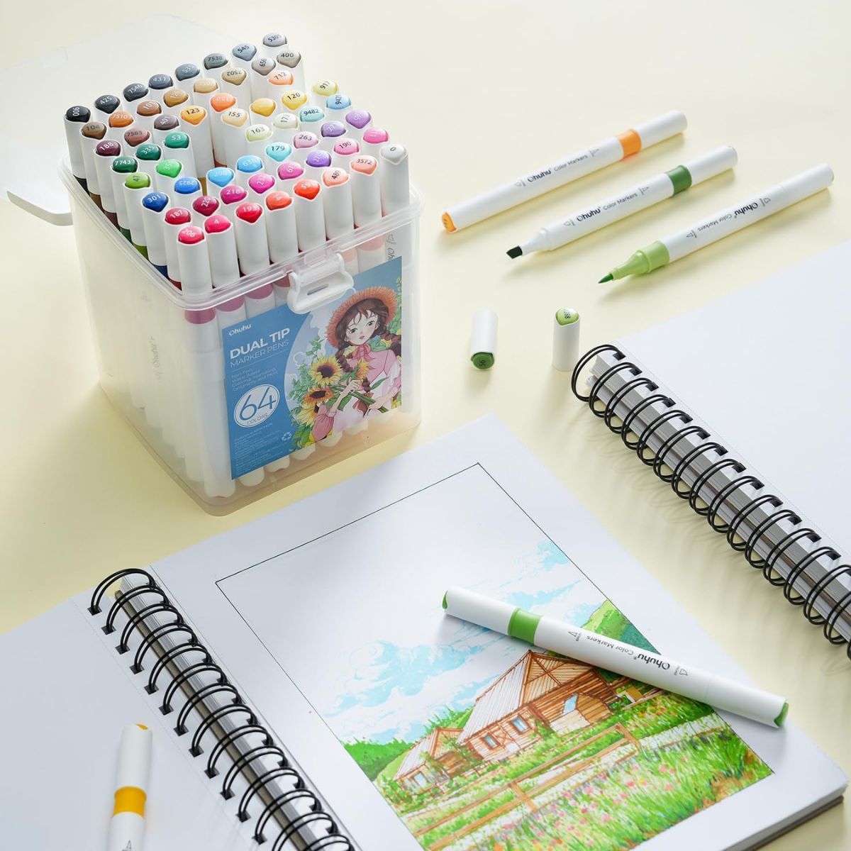 Ohuhu Water-based Coloring Markers Dual Σετ 64 Χρώματα Brush &amp; Chisel