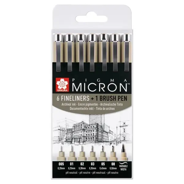 Sakura μαρκαδόροι σχεδίου Pigma Micron σετ 6+1(Pigma Brush) τεμ