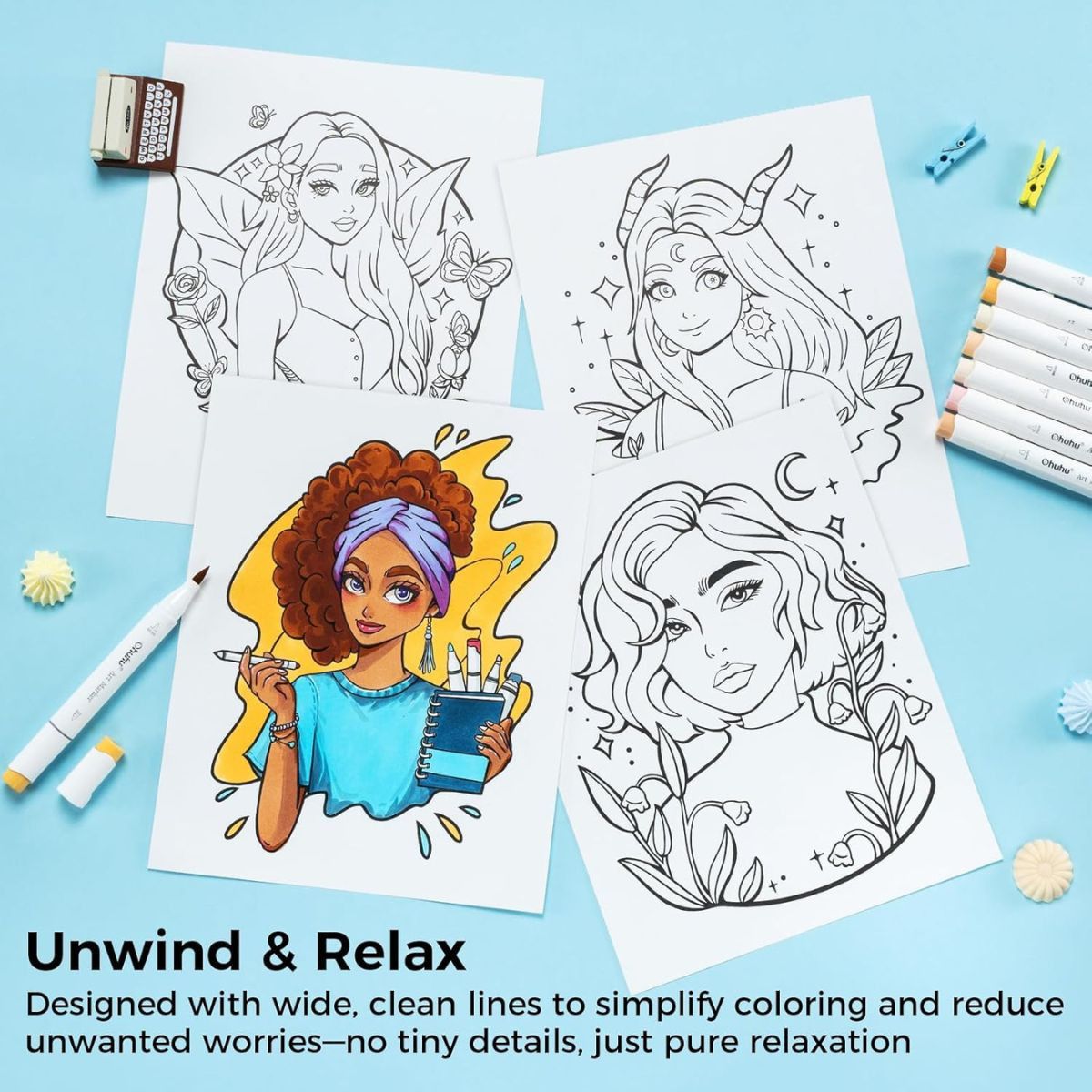 Ohuhu ΒΙΒΛΙΟ ΖΩΓΡΑΦΙΚΗΣ Bleedproof Coloring Book Portraits of Joy
