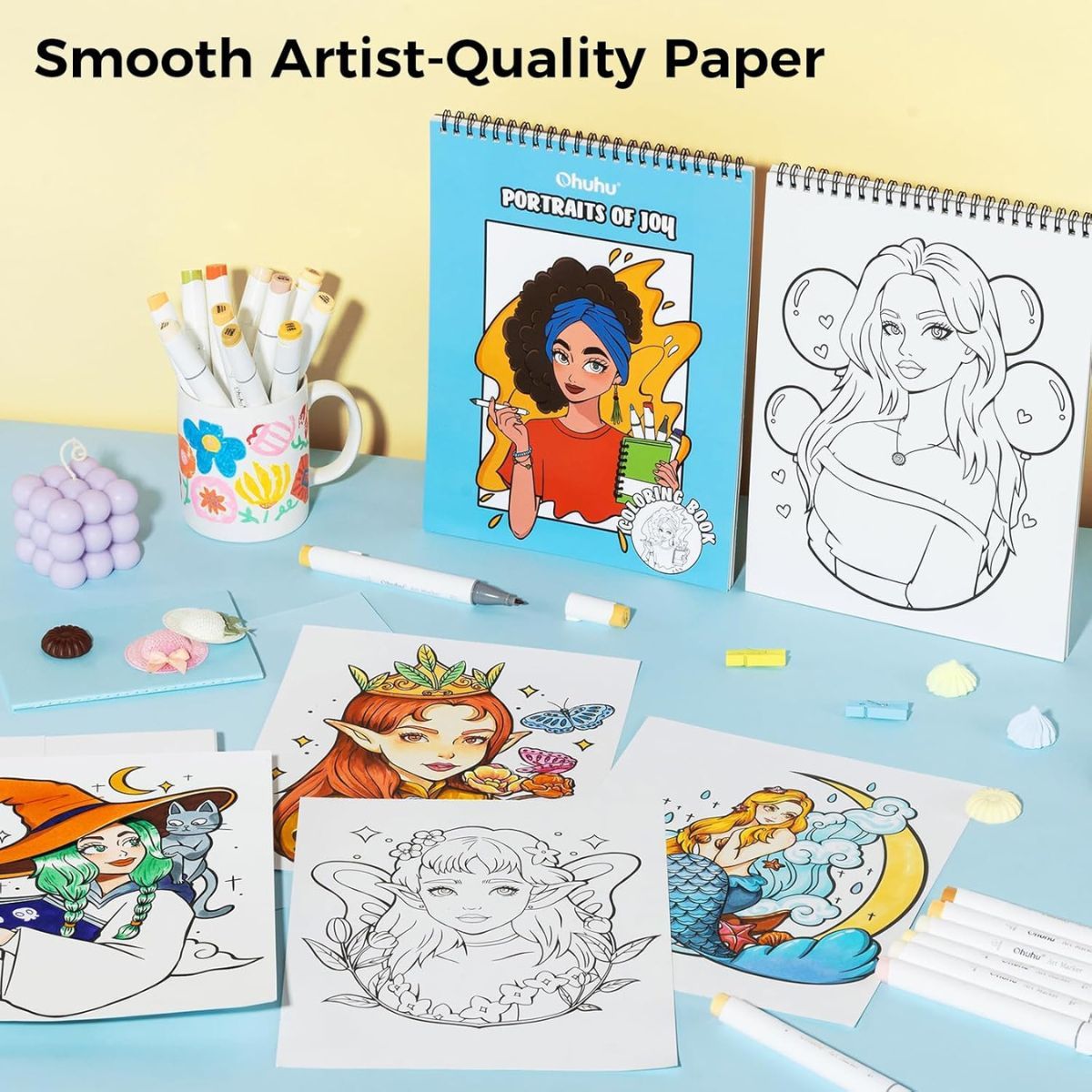 Ohuhu ΒΙΒΛΙΟ ΖΩΓΡΑΦΙΚΗΣ Bleedproof Coloring Book Portraits of Joy